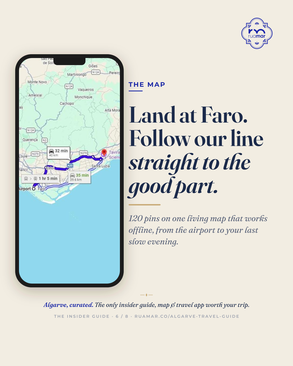 The map, Faro Airport to Tavira route, 120 pins offline