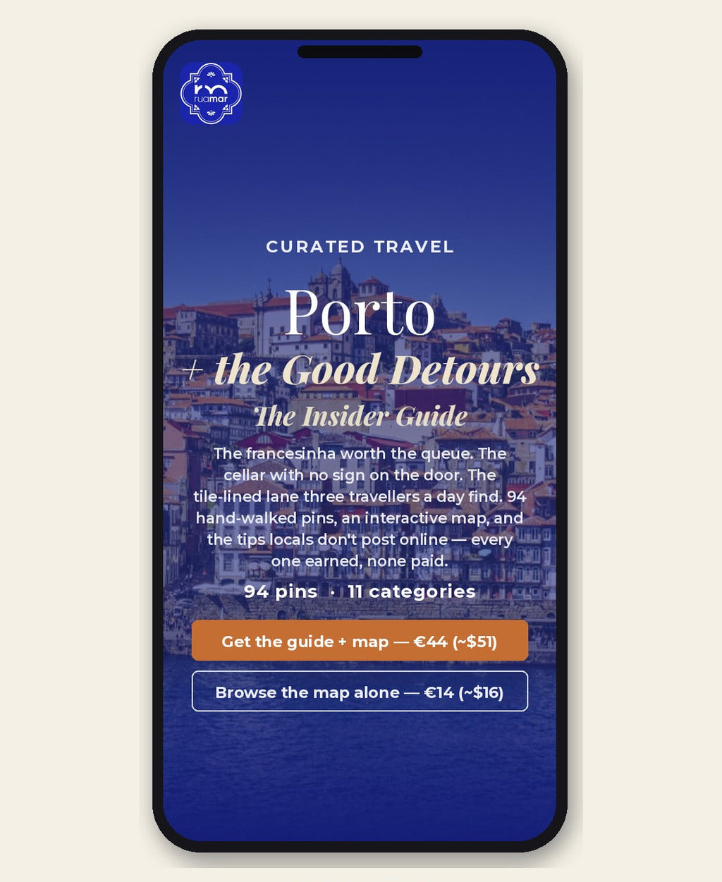 Phone screen displaying 'Porto + the Good Detours' travel guide app interface.